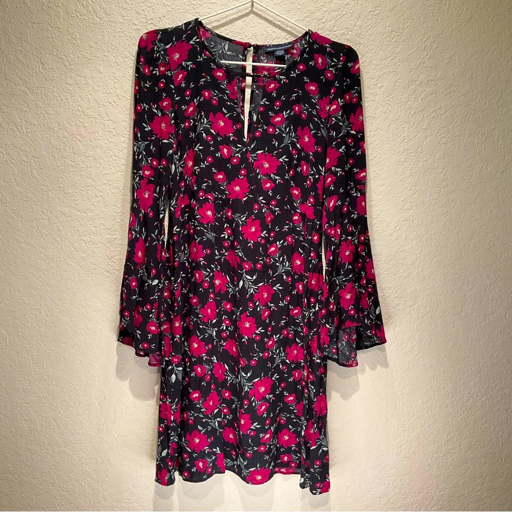 American Eagle black flowers dress boho style‎ long wide sleeves size XS